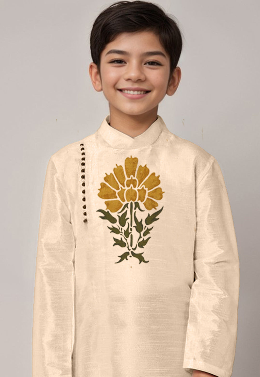 Boys' Beige Dupion Silk Kurta & Dhoti Set – Floral Print