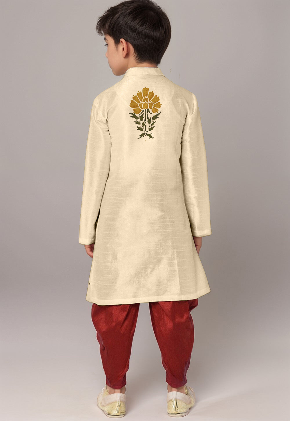 Boys' Beige Art Silk Kurta & Dhoti Set – Floral Print