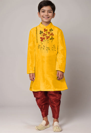 Boys' Yellow Art Silk Kurta & Dhoti Set – Printed