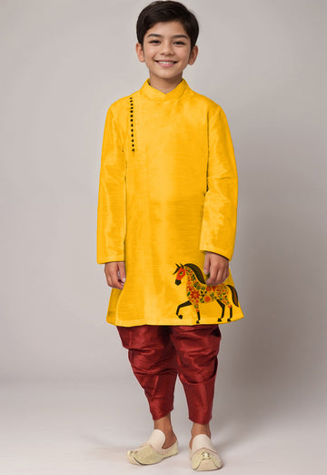 Boys' Yellow Dupion Silk Kurta & Dhoti Set – Printed