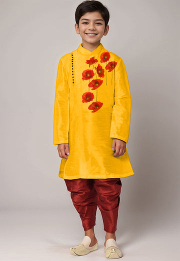 Boys' Yellow Dupion Silk Kurta & Dhoti Set – Printed