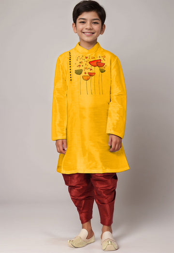 Boys' Yellow Art Silk Kurta & Dhoti Set – Printed