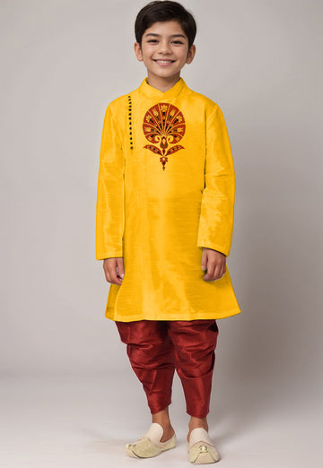 Boys' Yellow Dupion Silk Kurta & Dhoti Set – Printed