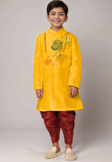 Boys' Yellow Dupion Silk Kurta & Dhoti Set – Printed