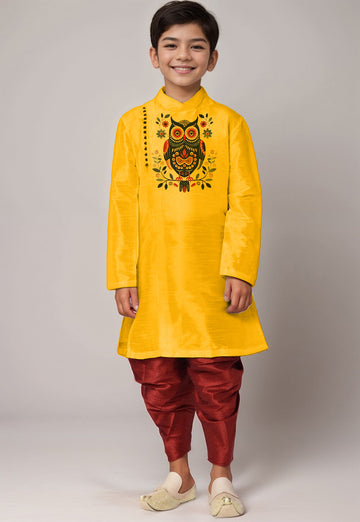 Boys' Yellow Dupion Silk Kurta & Dhoti Set – Printed