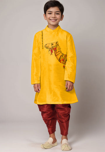 Boys' Yellow Dupion Silk Kurta & Dhoti Set – Printed