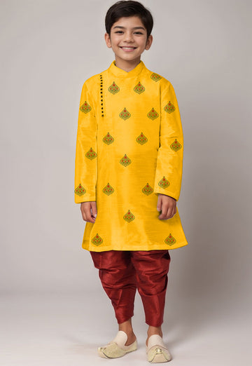 Boys' Yellow Dupion Silk Kurta & Dhoti Set – Printed