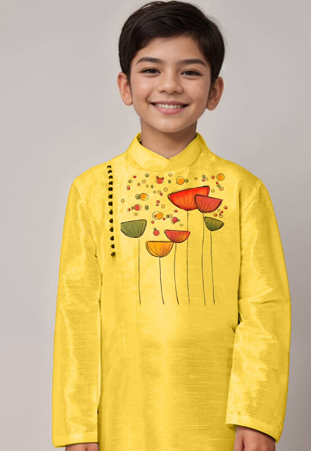 Boys' Yellow Dupion Silk Kurta & Dhoti Set – Printed