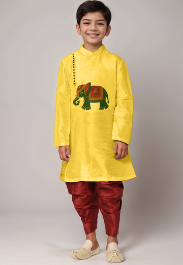 Boys' Yellow Dupion Silk Kurta & Dhoti Set – Printed