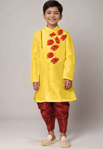 Boys' Yellow Dupion Silk Kurta & Dhoti Set – Printed