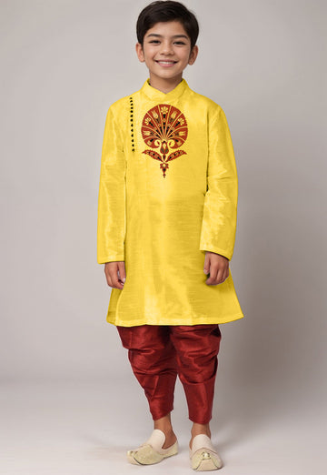 Boys' Yellow Dupion Silk Kurta & Dhoti Set – Printed