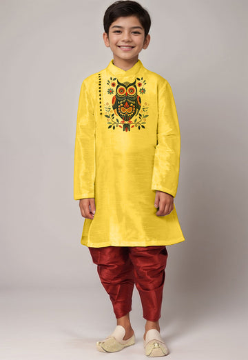Boys' Yellow Dupion Silk Kurta & Dhoti Set – Printed