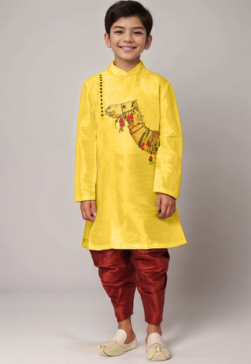 Boys' Yellow Dupion Silk Kurta & Dhoti Set – Printed