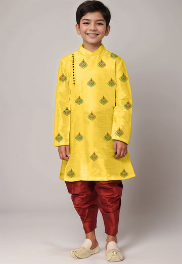 Boys' Yellow Dupion Silk Kurta & Dhoti Set – Printed