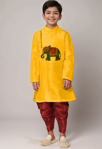Boys' Yellow Dupion Silk Kurta & Dhoti Set – Printed