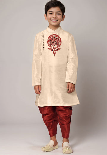 Boys' Beige Dupion Silk Kurta & Dhoti Set – Floral Print