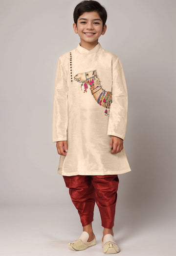 Boys' Beige Dupion Silk Kurta & Dhoti Set – Floral Print