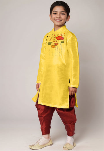 Boys' Yellow Dupion Silk Kurta & Dhoti Set – Printed