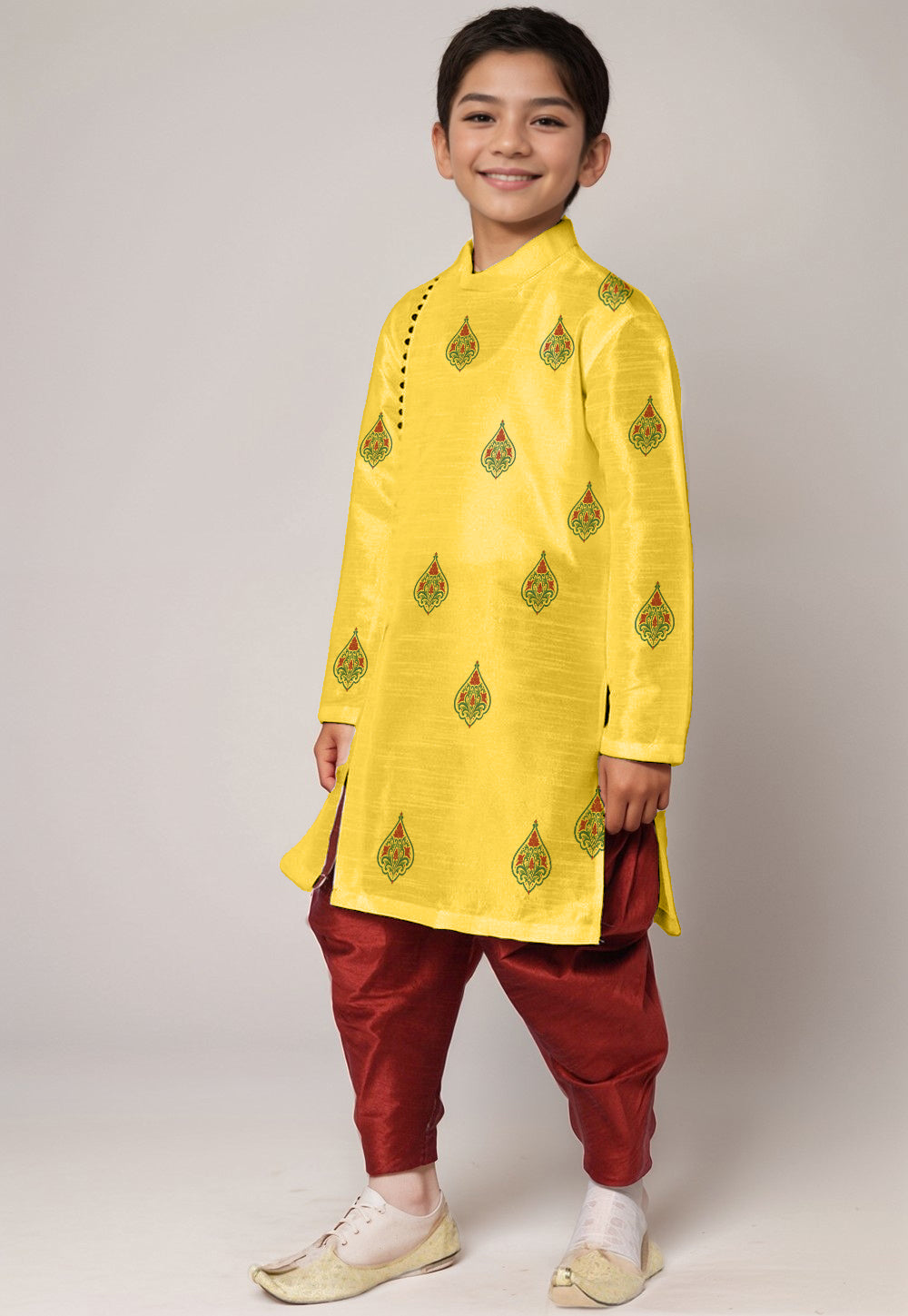 Boys' Yellow Dupion Silk Kurta & Dhoti Set – Printed