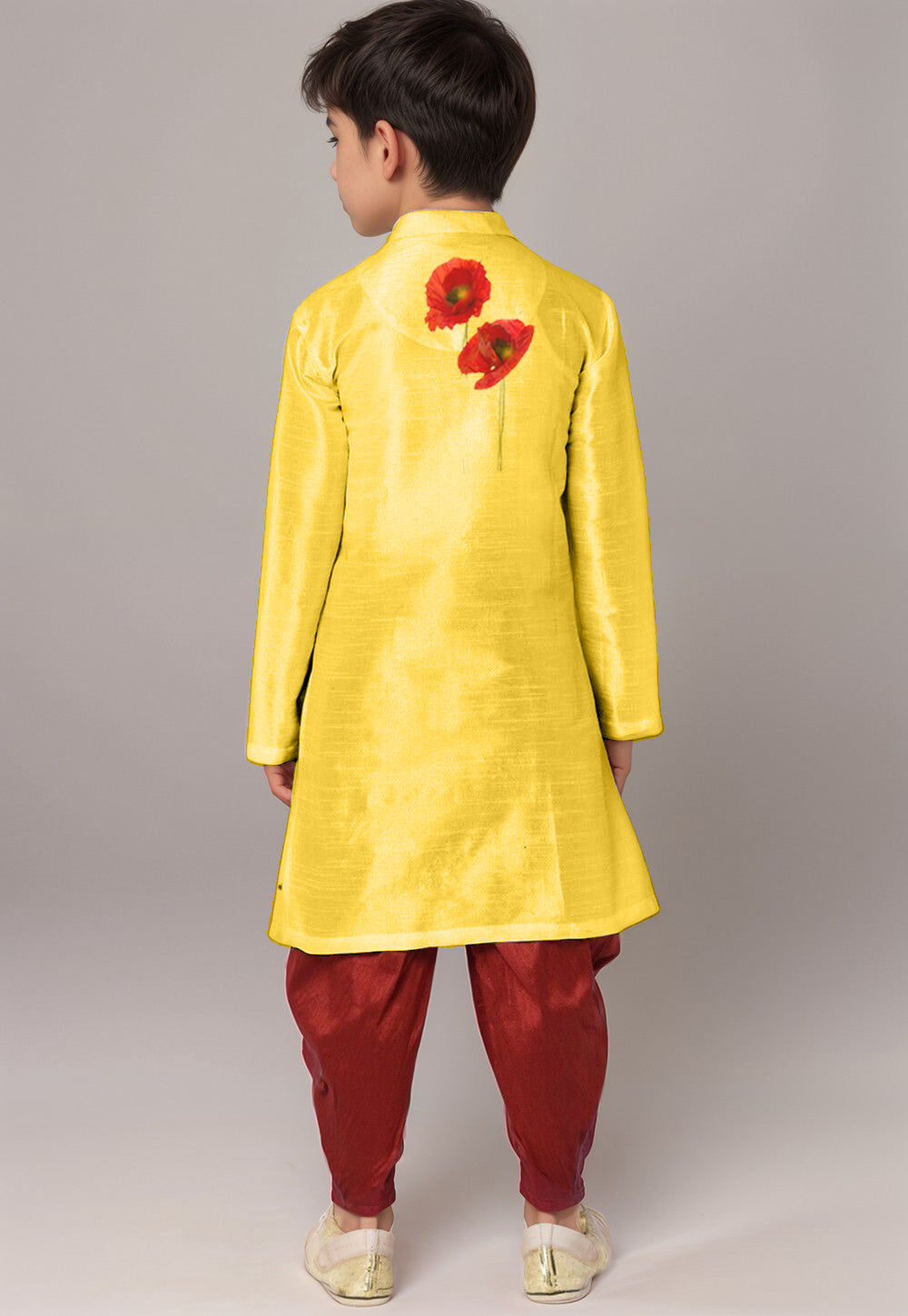Boys' Yellow Dupion Silk Kurta & Dhoti Set – Printed