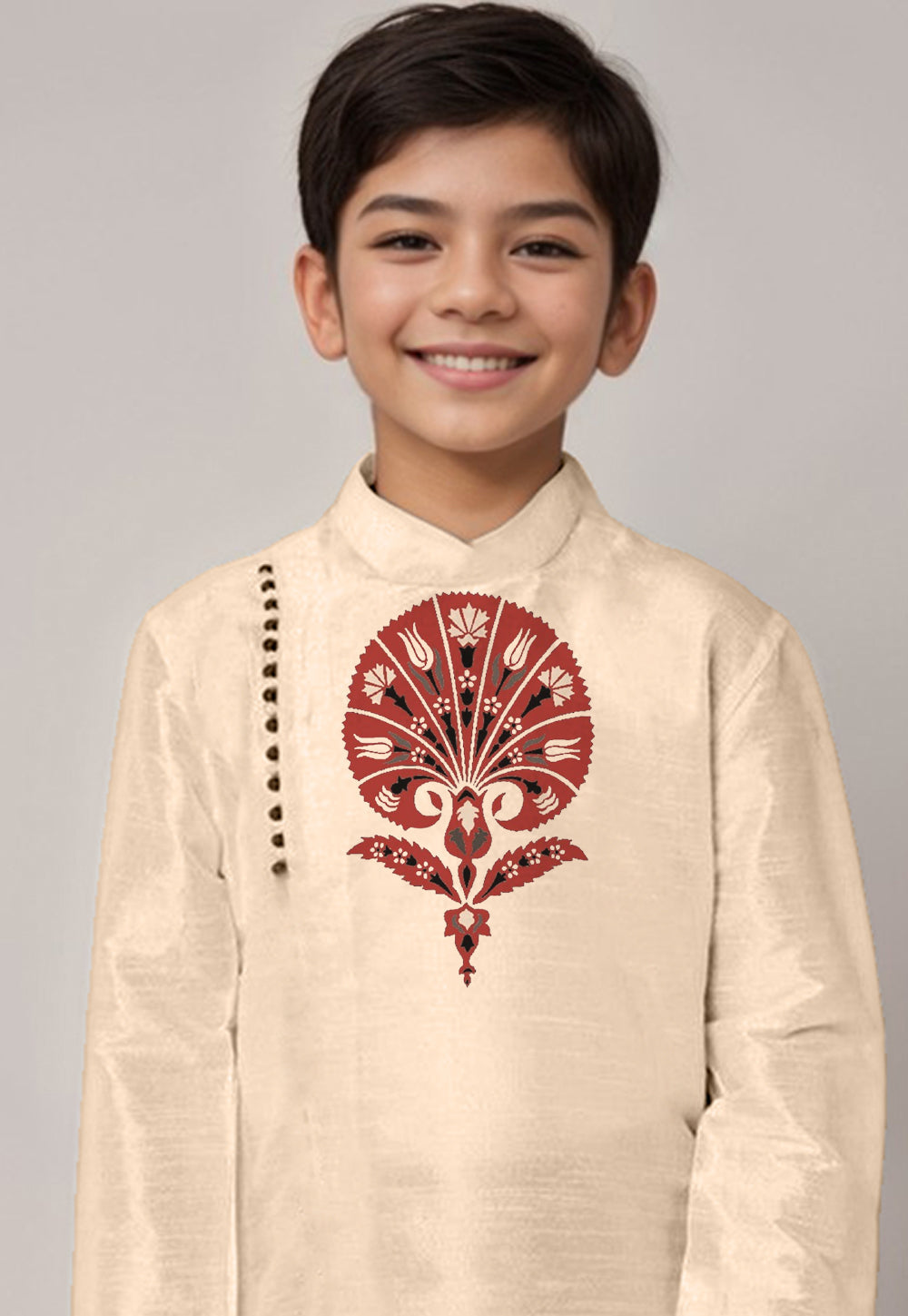 Boys' Beige Dupion Silk Kurta & Dhoti Set – Floral Print