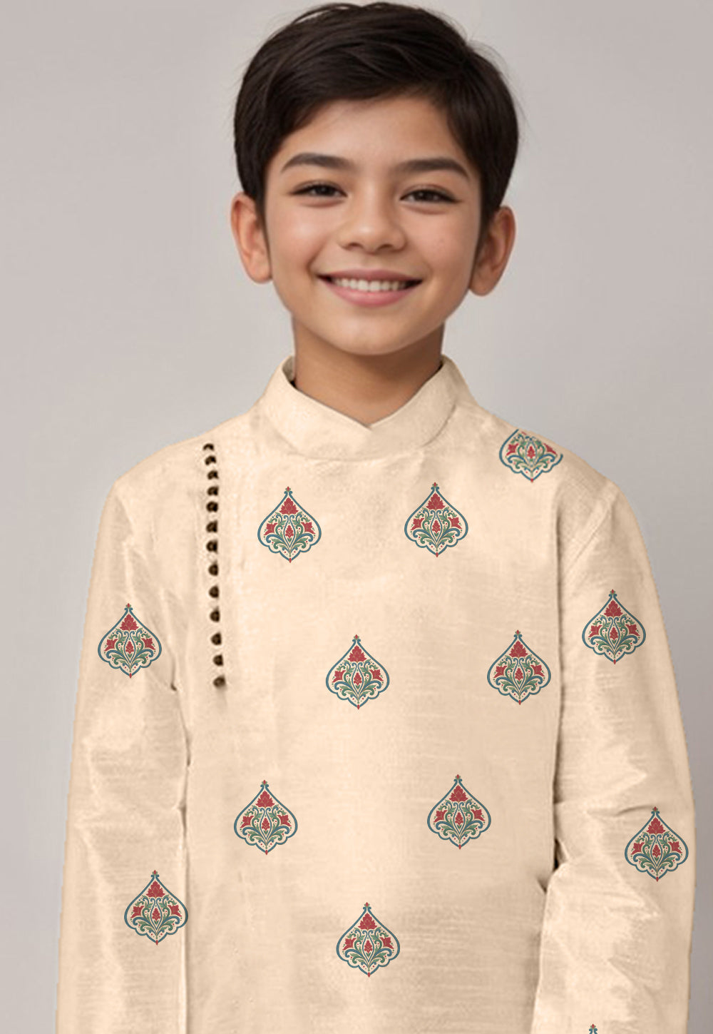 Boys' Beige Dupion Silk Kurta & Dhoti Set – Floral Print