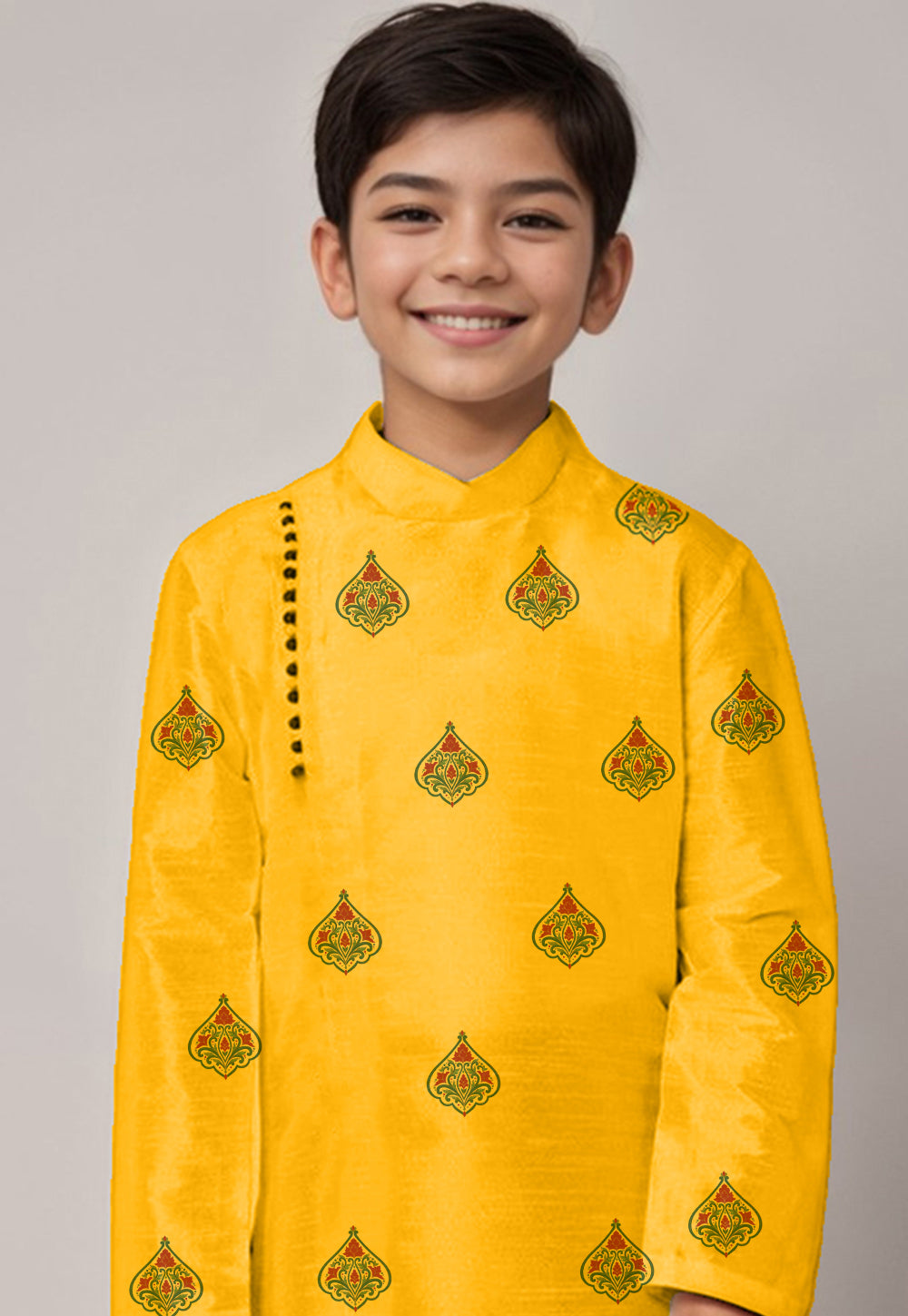 Boys' Yellow Dupion Silk Kurta & Dhoti Set – Printed