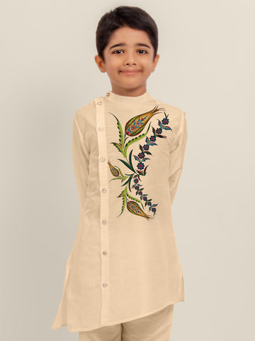 Boys' Beige Dupion Silk Kurta Set – Printed