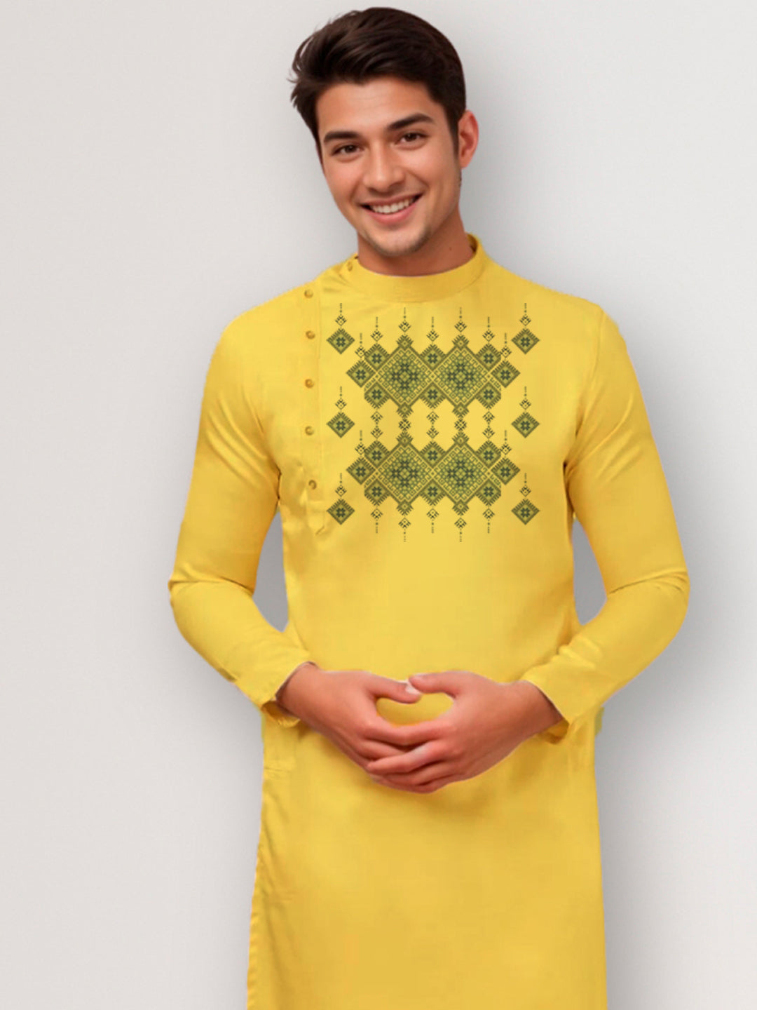 Men's Mustard Cotton Kurta Set – Ethnic Print & Side Placket