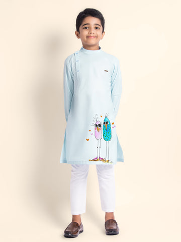 Boys' Sky Blue Cotton Kurta Set – Printed