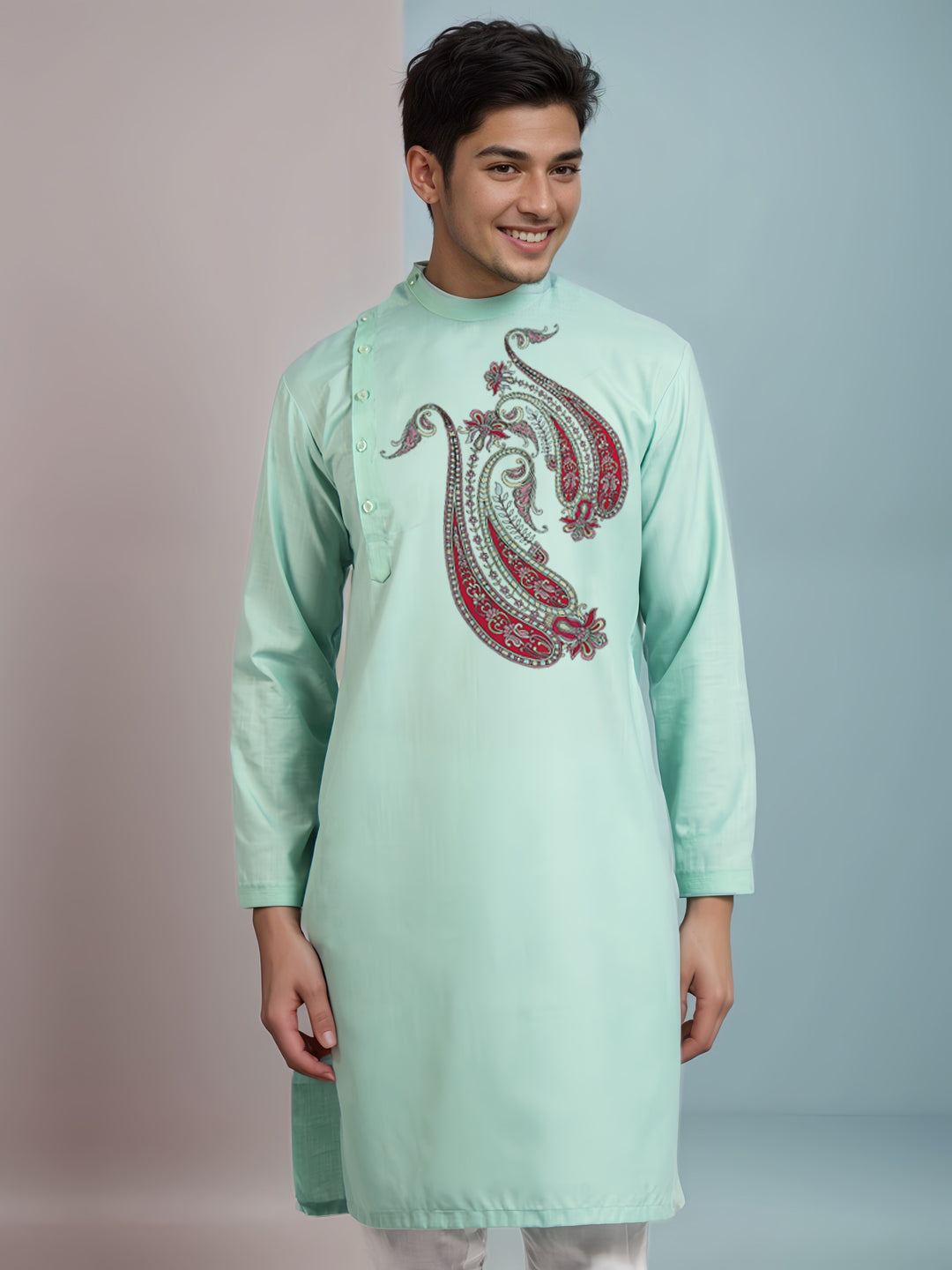 Men's Green Cotton Kurta Set – Ethnic Print & Side Placket