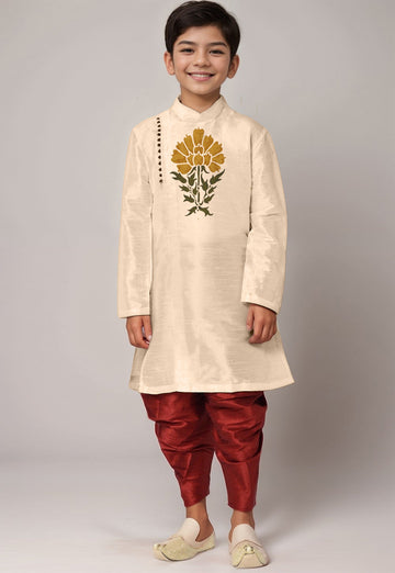 Boys' Beige Dupion Silk Kurta & Dhoti Set – Floral Print