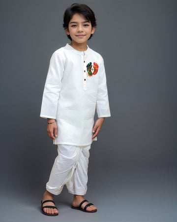 Boys' White Cotton Kurta & Pyjama Set – Asymmetric
