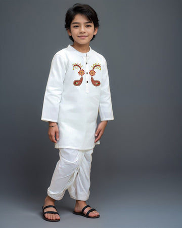 Boys' White Cotton Kurta & Pyjama Set – Asymmetric
