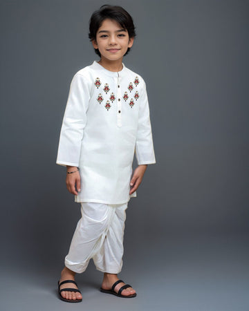 Boys' White Cotton Kurta & Pyjama Set – Asymmetric