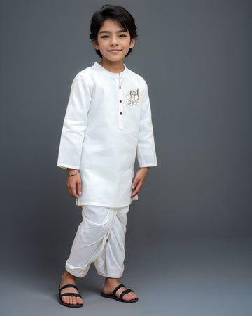 Boys' White Cotton Kurta & Pyjama Set – Asymmetric