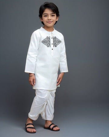 Boys' White Cotton Kurta & Pyjama Set – Asymmetric