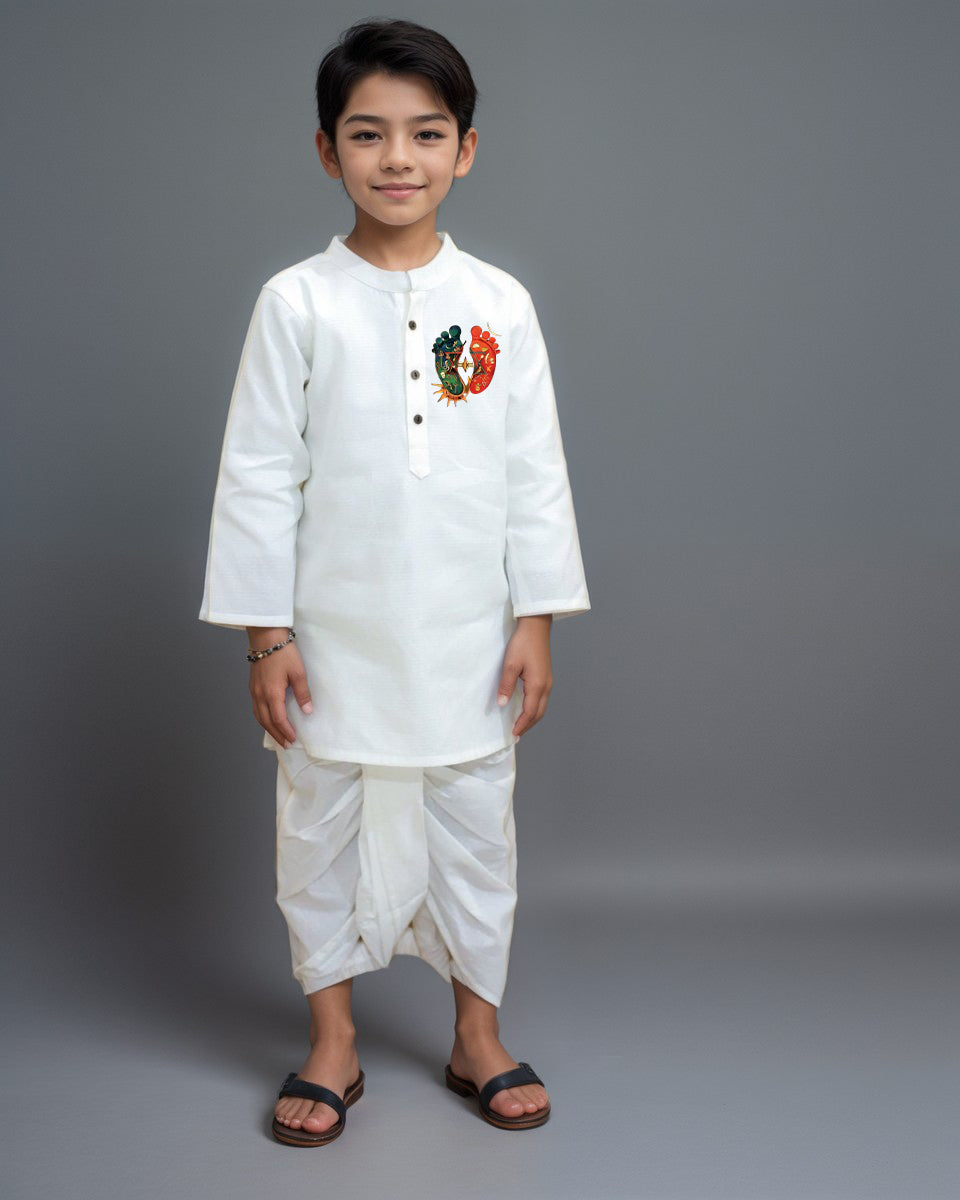 Boys' White Cotton Kurta & Pyjama Set – Asymmetric