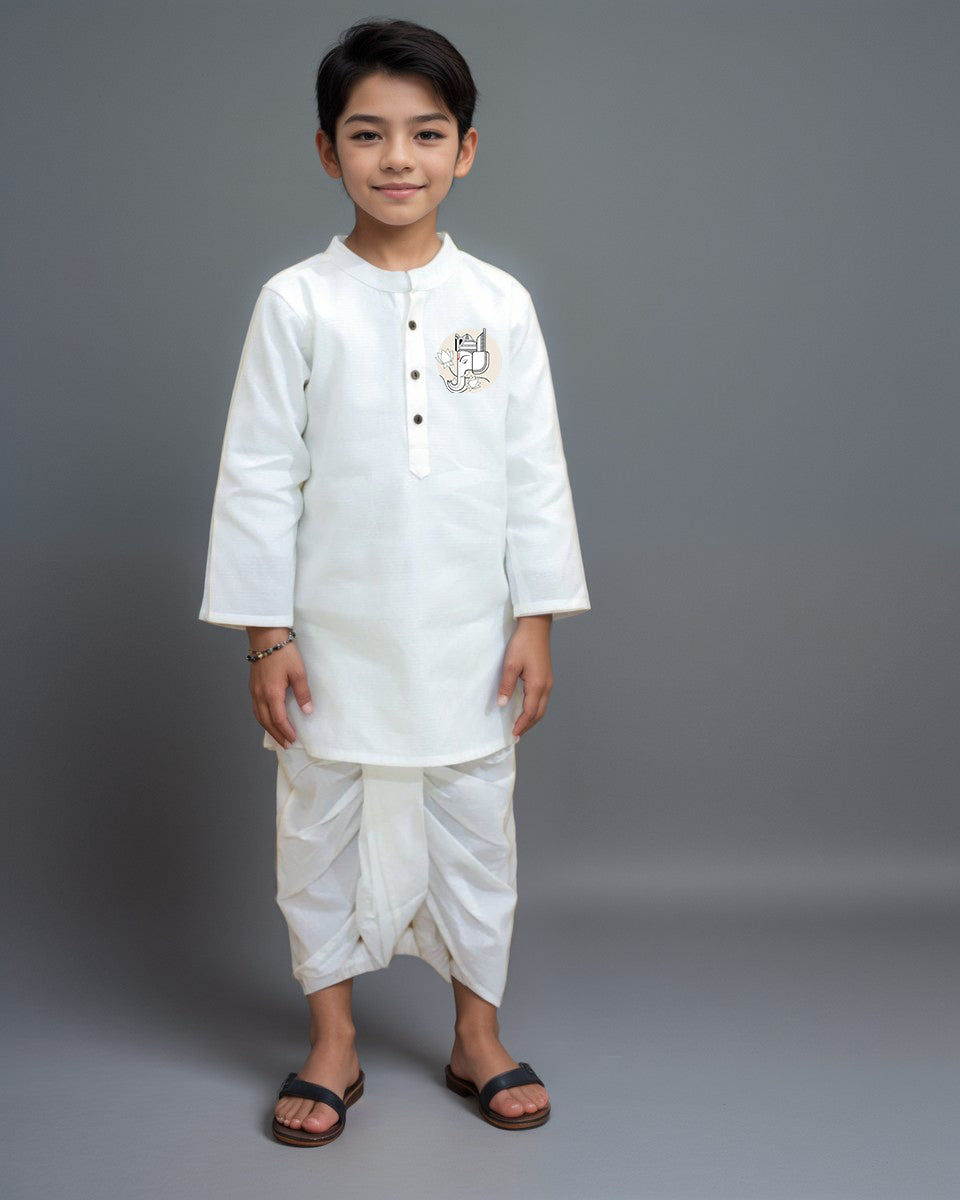Boys' White Cotton Kurta & Pyjama Set – Asymmetric