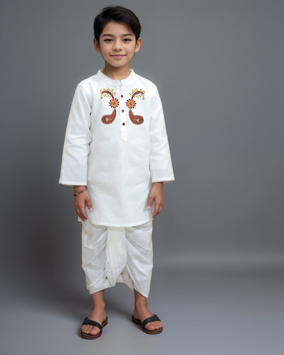 Boys' White Cotton Kurta & Pyjama Set – Asymmetric