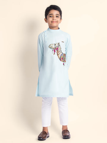 Boys' Sky Blue Cotton Kurta Set – Printed