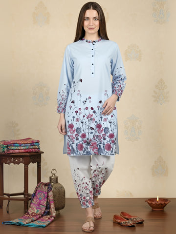 Women's Sky Blue Cotton Kurti Set – Ethnic Print
