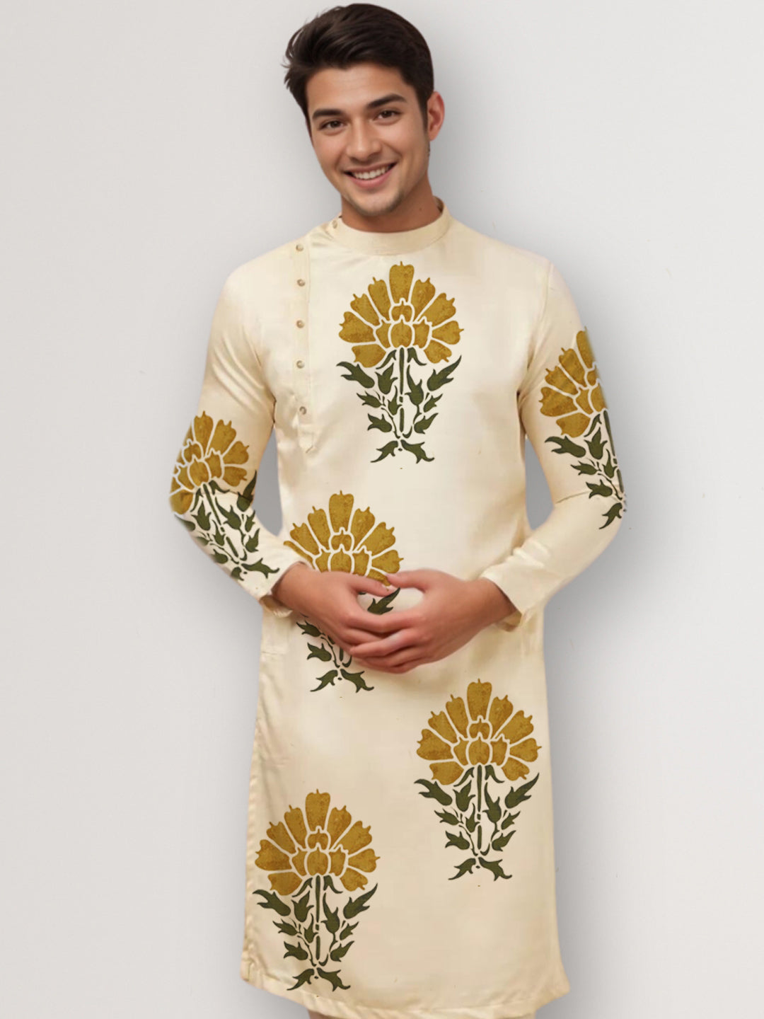 Men's Beige Cotton Kurta Set – Ethnic Print & Side Placket
