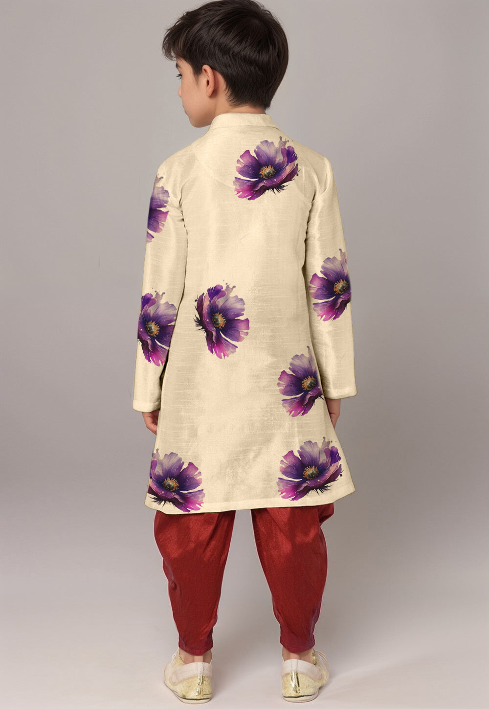 Boys' Beige Art Silk Kurta & Dhoti Set – Floral Print