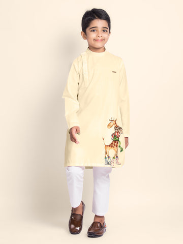 Boys' Beige Cotton Kurta Set – Printed